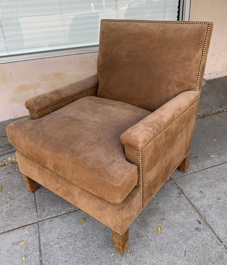 Pair of Large Armchairs Upholstered in Brown Suede For Sale at 1stDibs