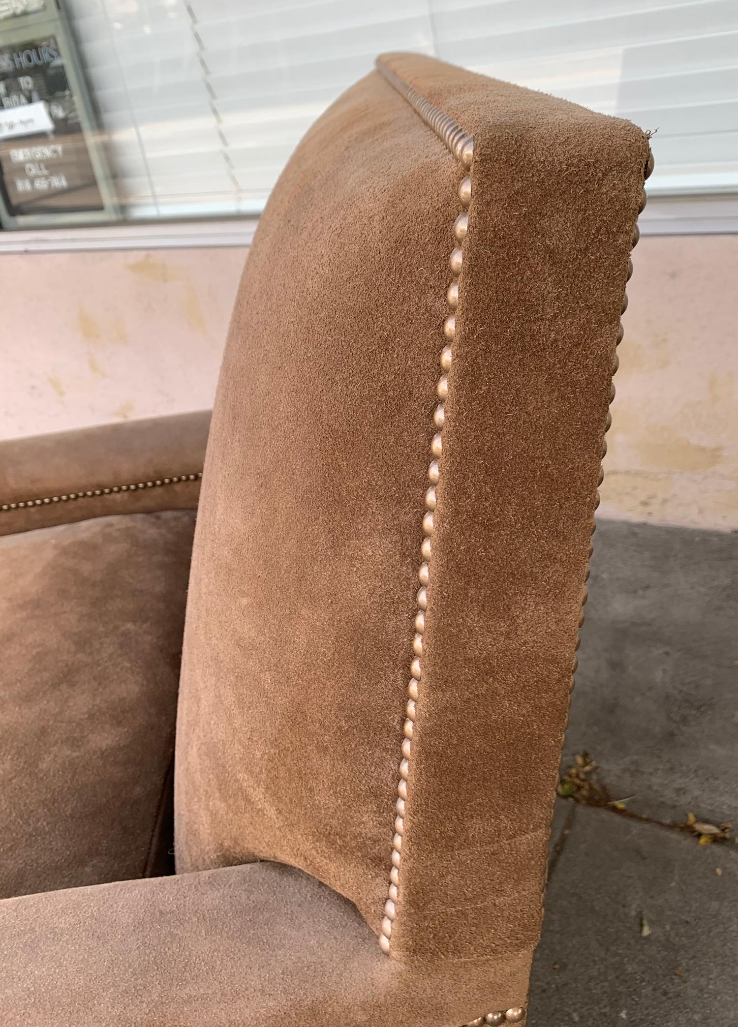 Mid-Century Modern Pair of Large Armchairs Upholstered in Brown Suede