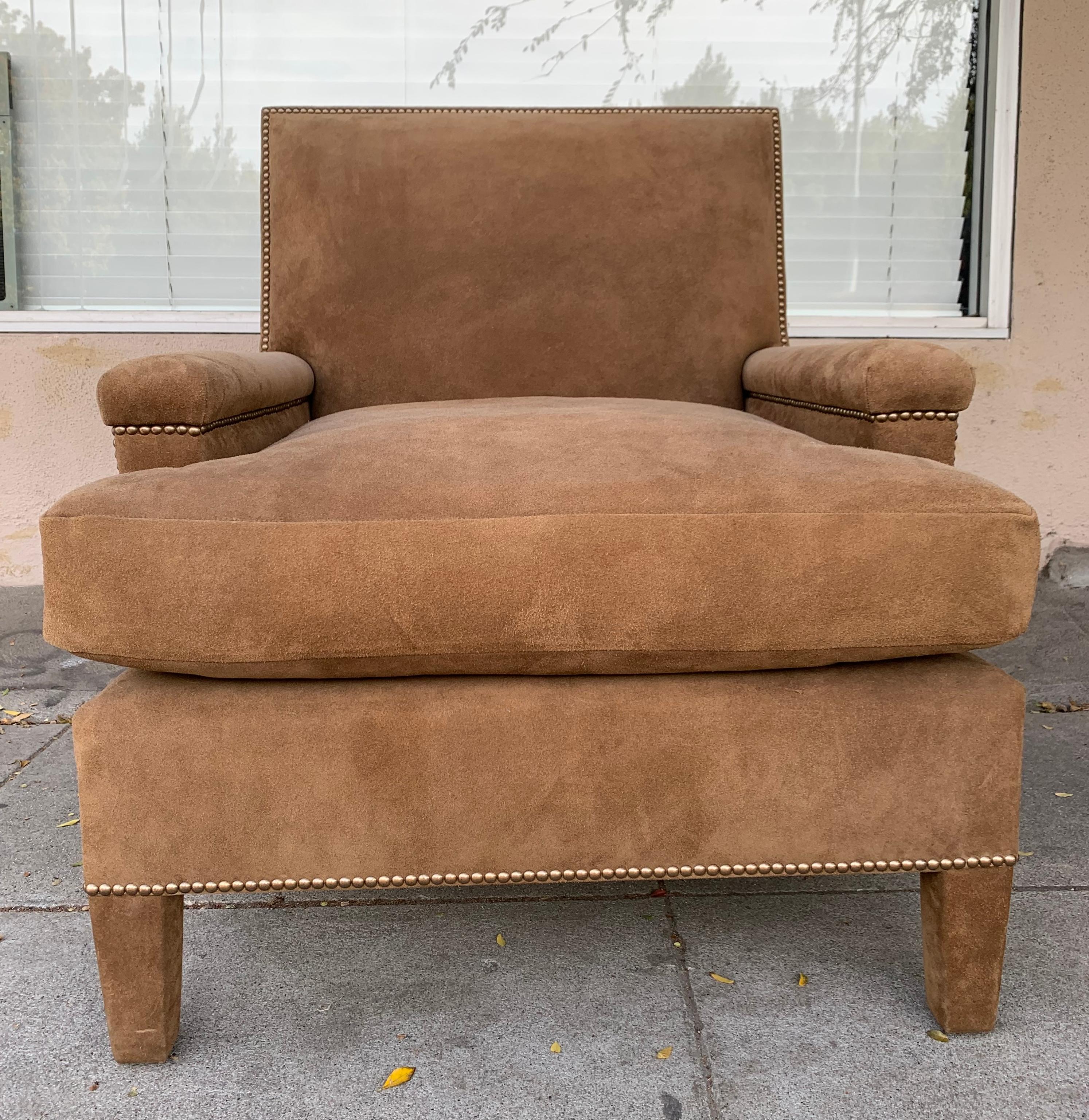North American Pair of Large Armchairs Upholstered in Brown Suede
