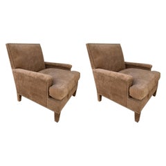 Pair of Large Armchairs Upholstered in Brown Suede