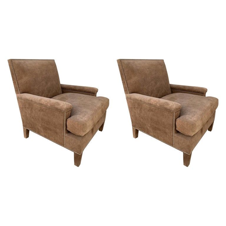 Pair of Large Armchairs Upholstered in Brown Suede For Sale at 1stDibs