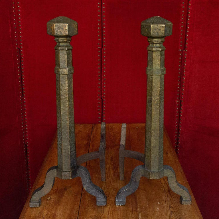 1920s American pair of patinated bronze andirons.