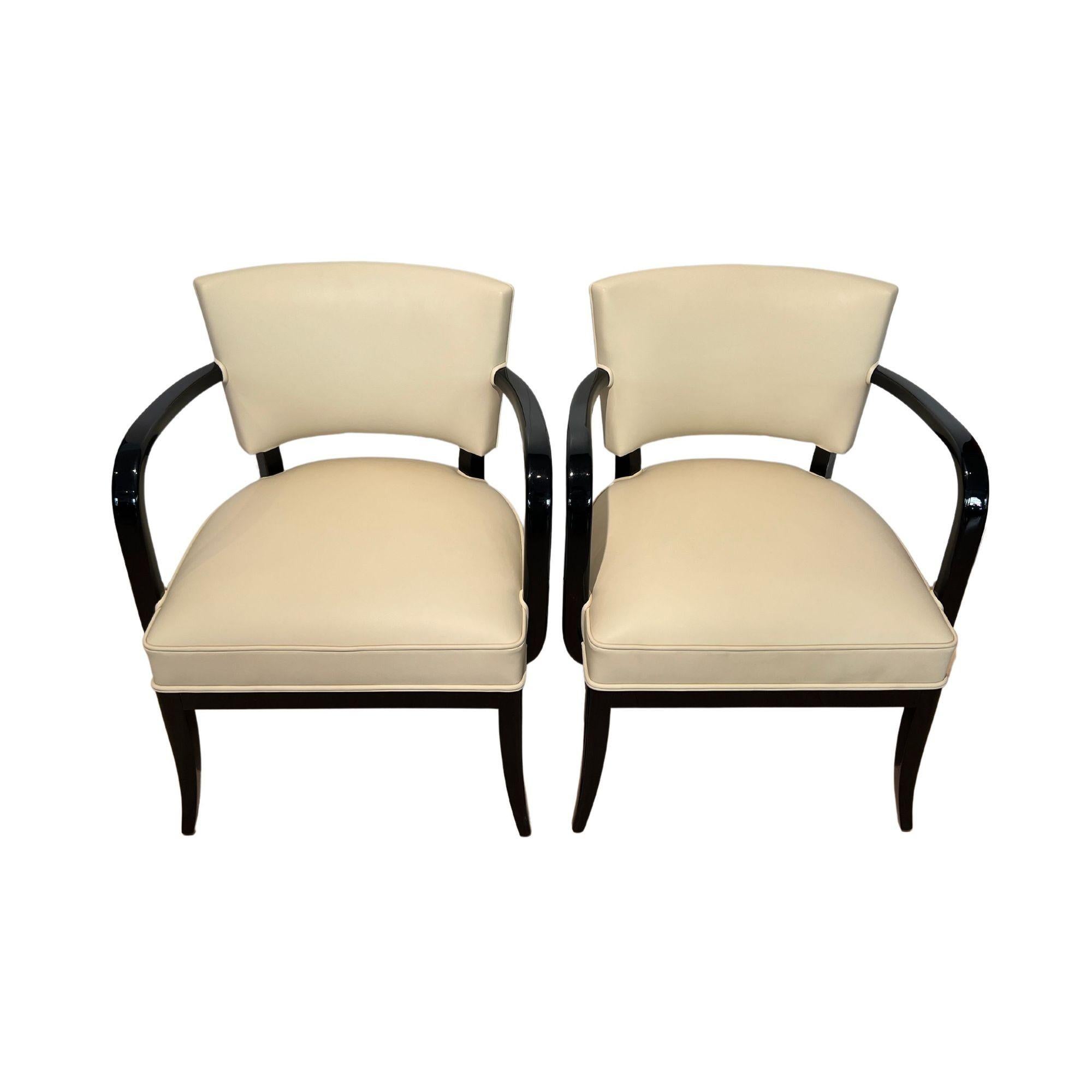 French Pair of Art Deco Armchairs, Black Lacquer, Creme Leather, France, 1930s For Sale