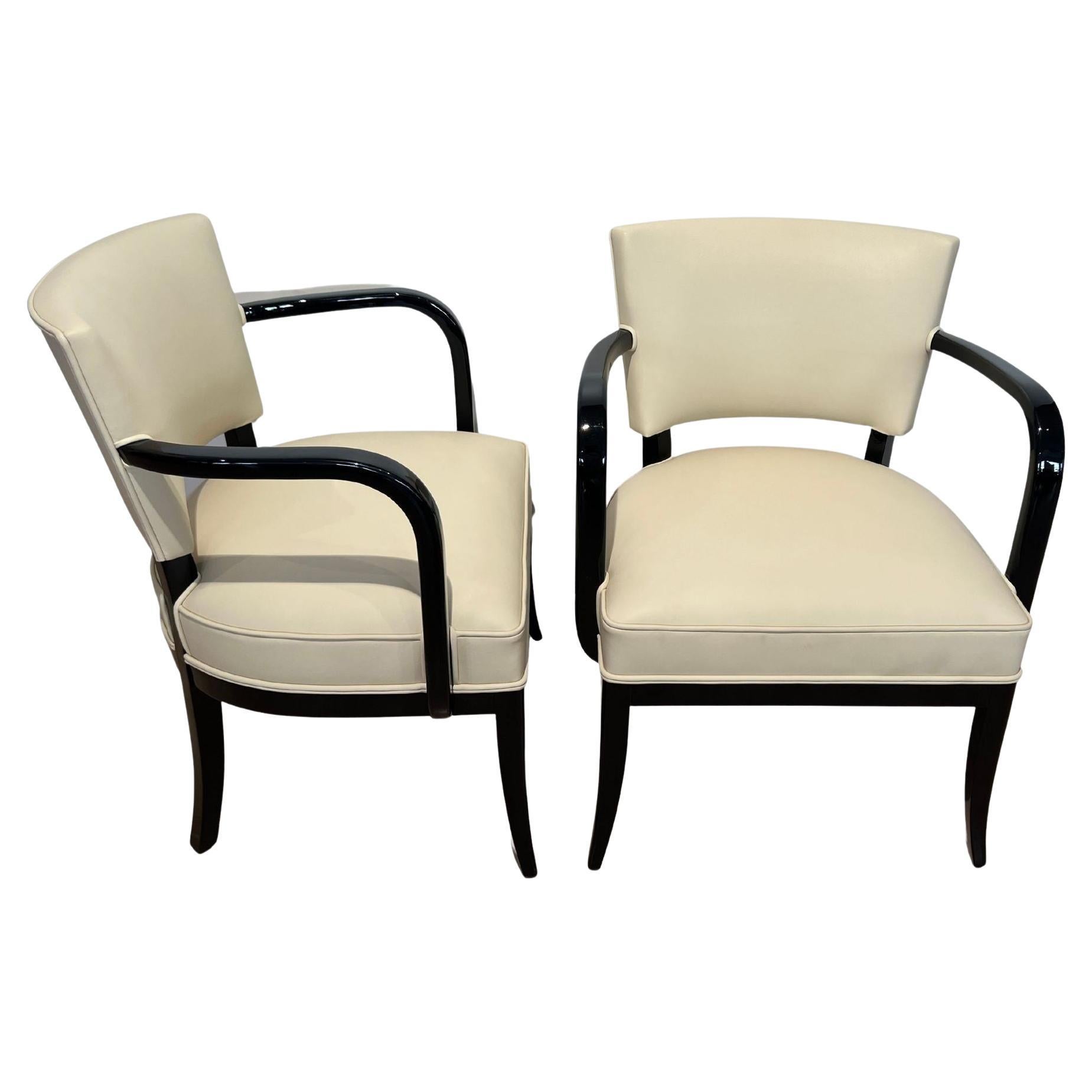 Pair of Art Deco Armchairs, Black Lacquer, Creme Leather, France, 1930s