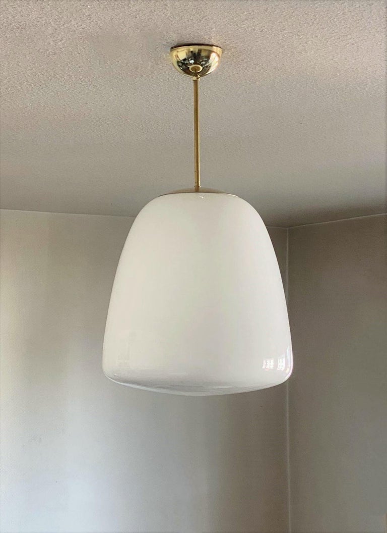 Pair of Large Art Deco Bauhaus Opaline Glass Brass Theatre Pendants, 1930s For Sale at 1stDibs