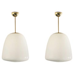 Pair of Large Art Deco Bauhaus Opaline Glass Brass Theatre Pendants, 1930s