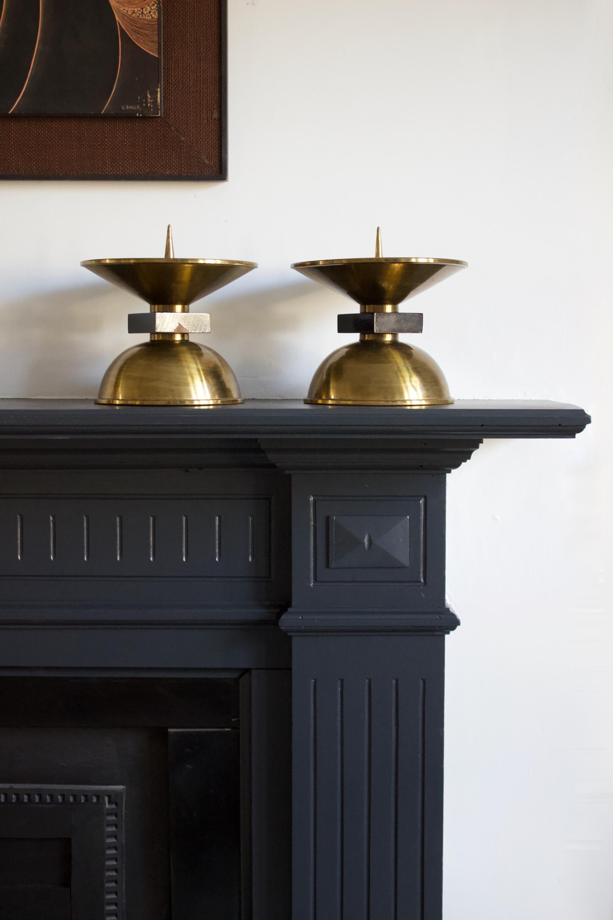 Pair of Large Midcentury Brass and Wood Candleholders, European For Sale 8