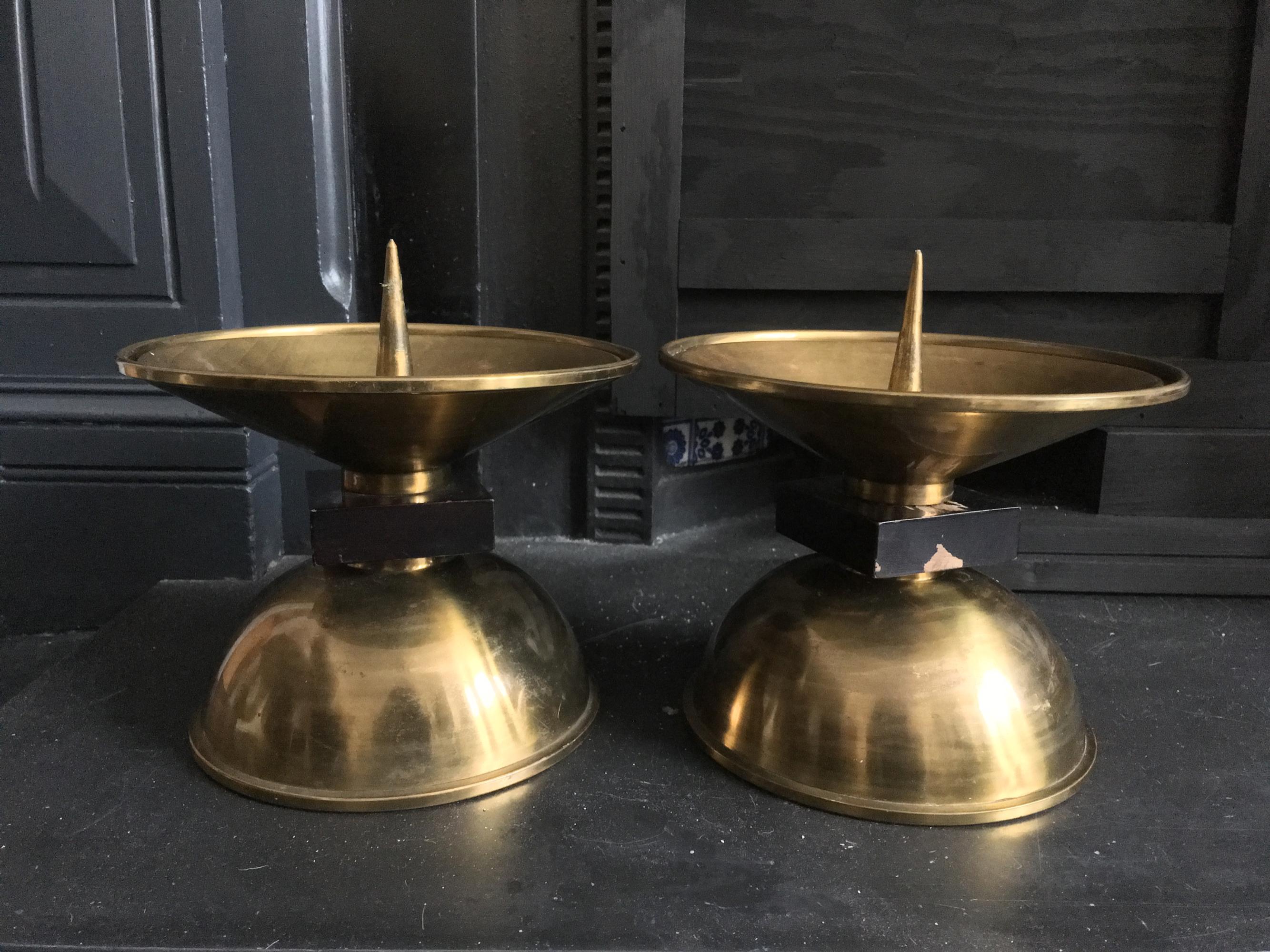 German Pair of Large Midcentury Brass and Wood Candleholders, European For Sale