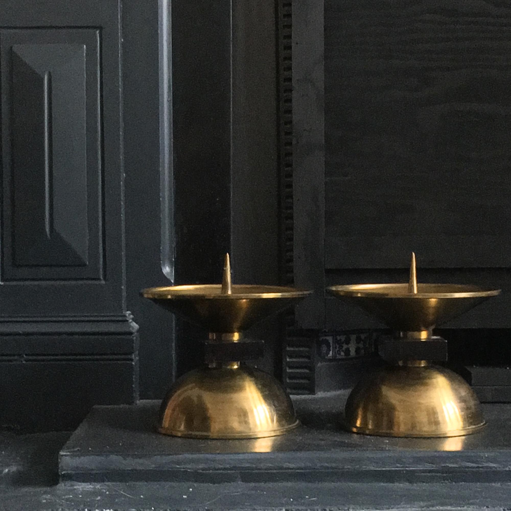 Pair of Large Midcentury Brass and Wood Candleholders, European In Good Condition For Sale In London, GB