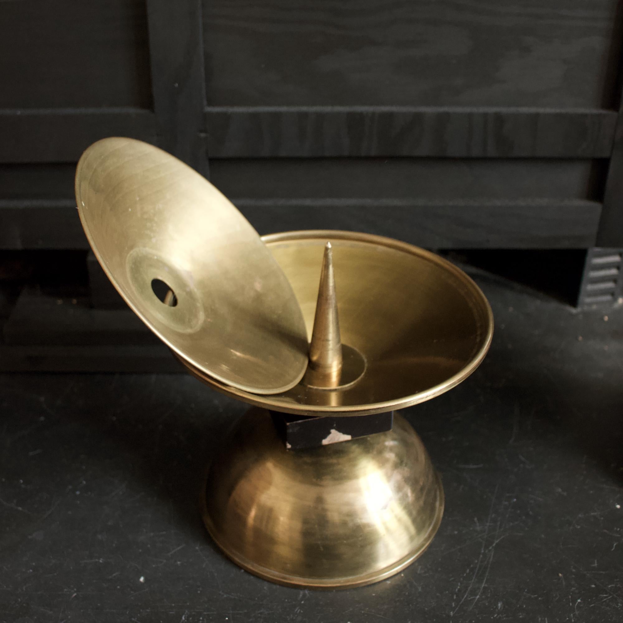 Metal Pair of Large Midcentury Brass and Wood Candleholders, European For Sale