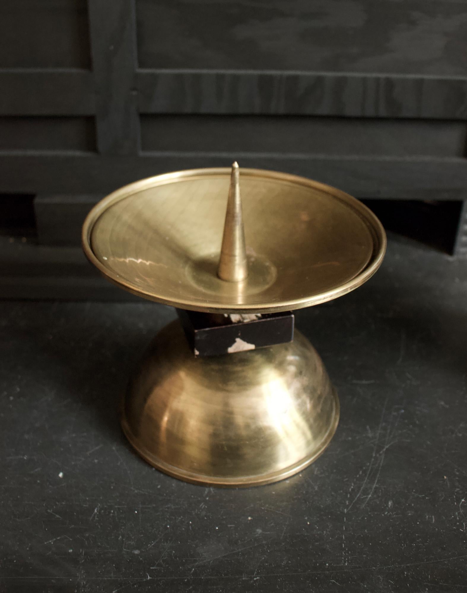 Pair of Large Midcentury Brass and Wood Candleholders, European For Sale 1
