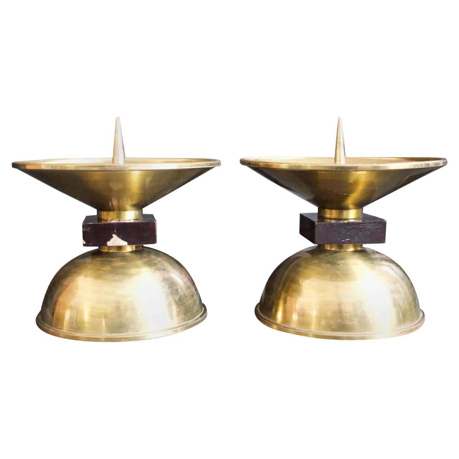 Pair of Large Midcentury Brass and Wood Candleholders, European