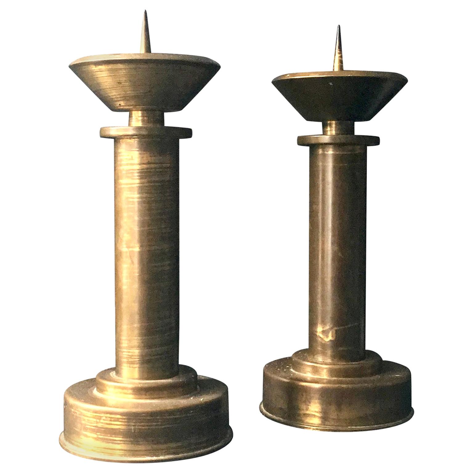 Pair of Large Art Deco Brass Candlesticks, Germany, Early to Mid-20th Century