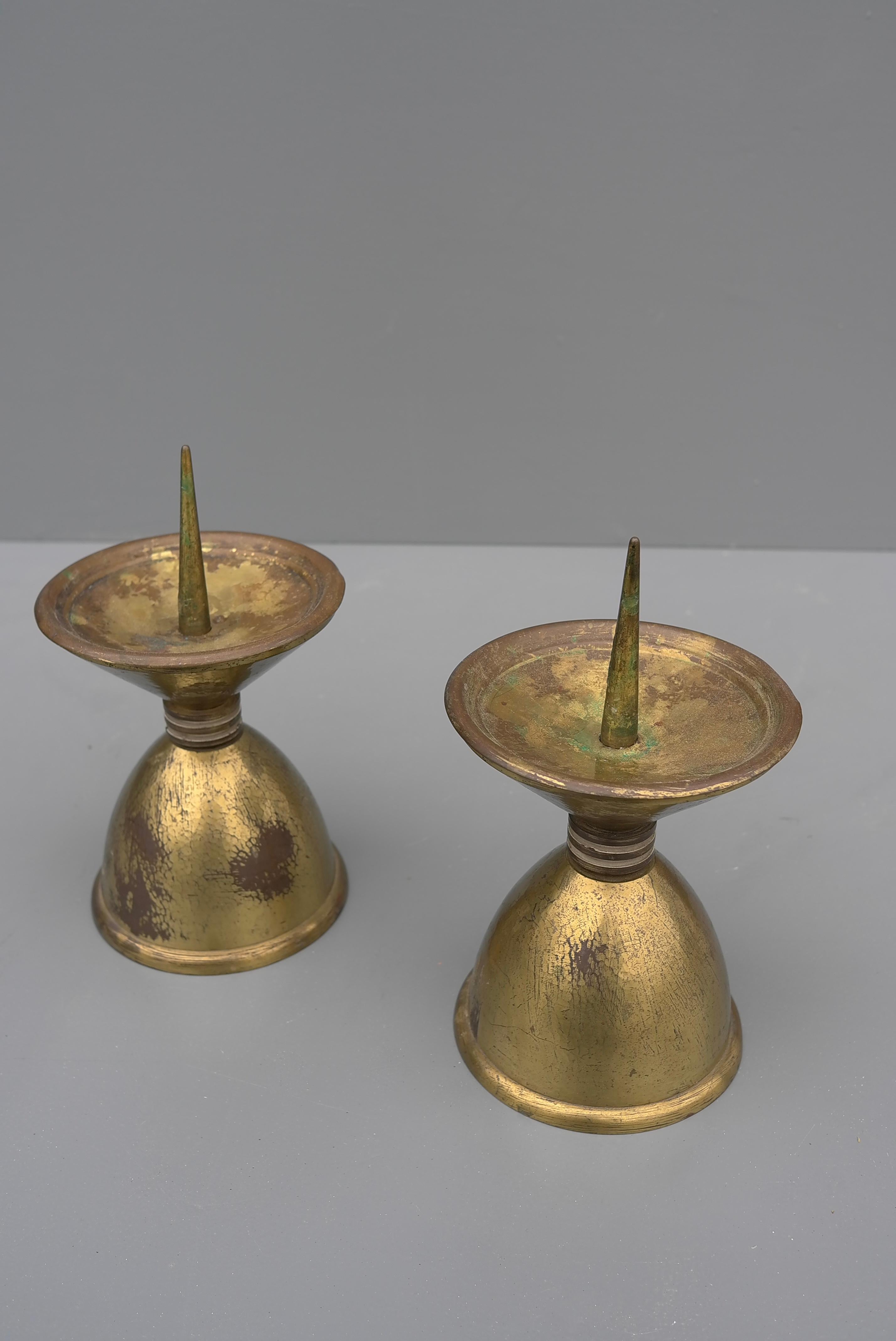 Mid-Century Modern Pair of Large Art Deco Bronze and Brass Candle Holders, France, 1930's For Sale