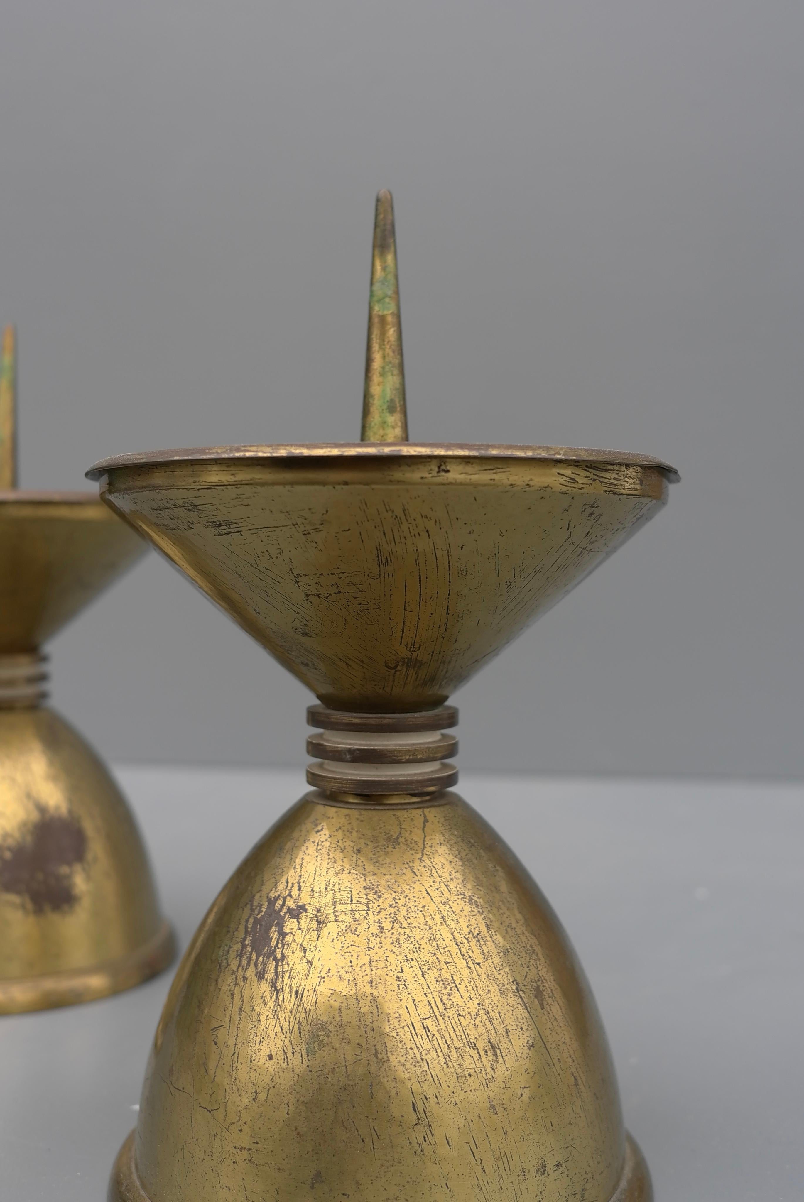 French Pair of Large Art Deco Bronze and Brass Candle Holders, France, 1930's For Sale