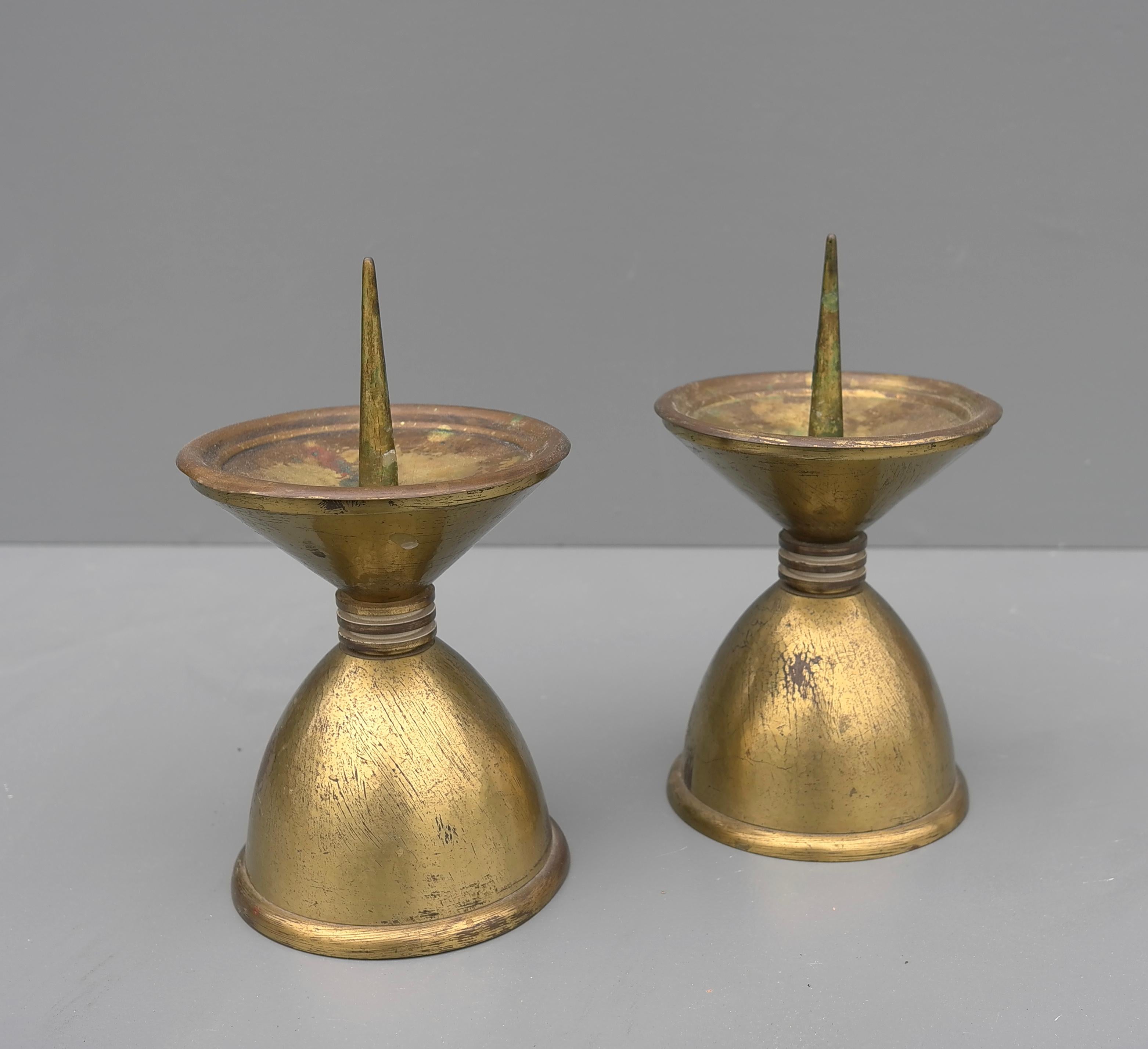 Pair of Large Art Deco Bronze and Brass Candle Holders, France, 1930's In Good Condition For Sale In Den Haag, NL