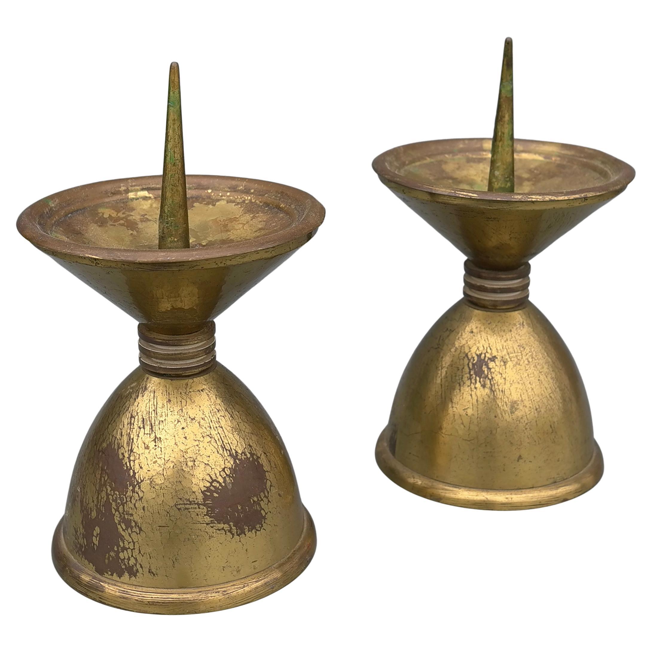 Pair of Large Art Deco Bronze and Brass Candle Holders, France, 1930's