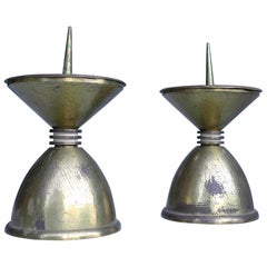 Pair of Large Art Deco Bronze and Brass Candlesticks, France, 1930s