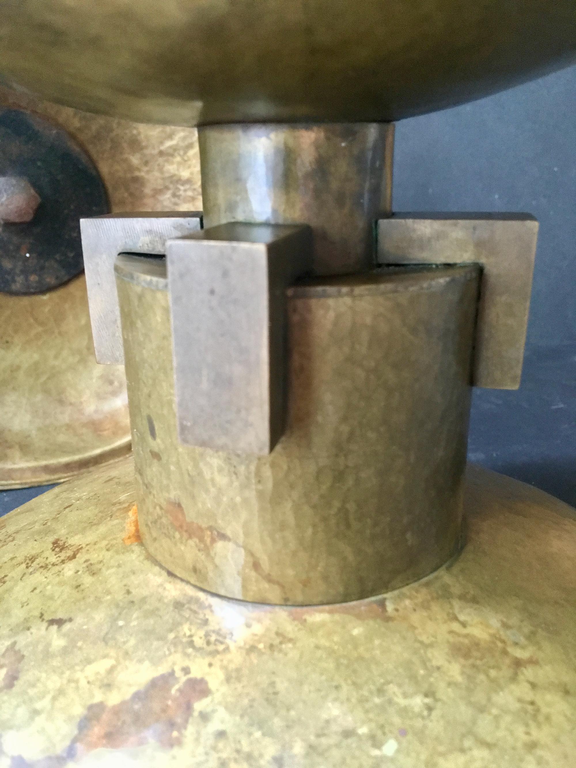 Pair of Large Art Deco Candleholders of Hammered and Milled Brass, European 5