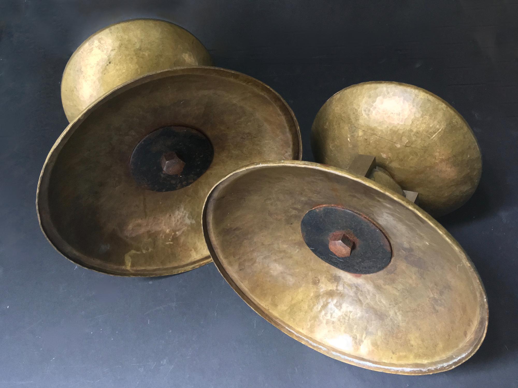 Pair of Large Art Deco Candleholders of Hammered and Milled Brass, European 6