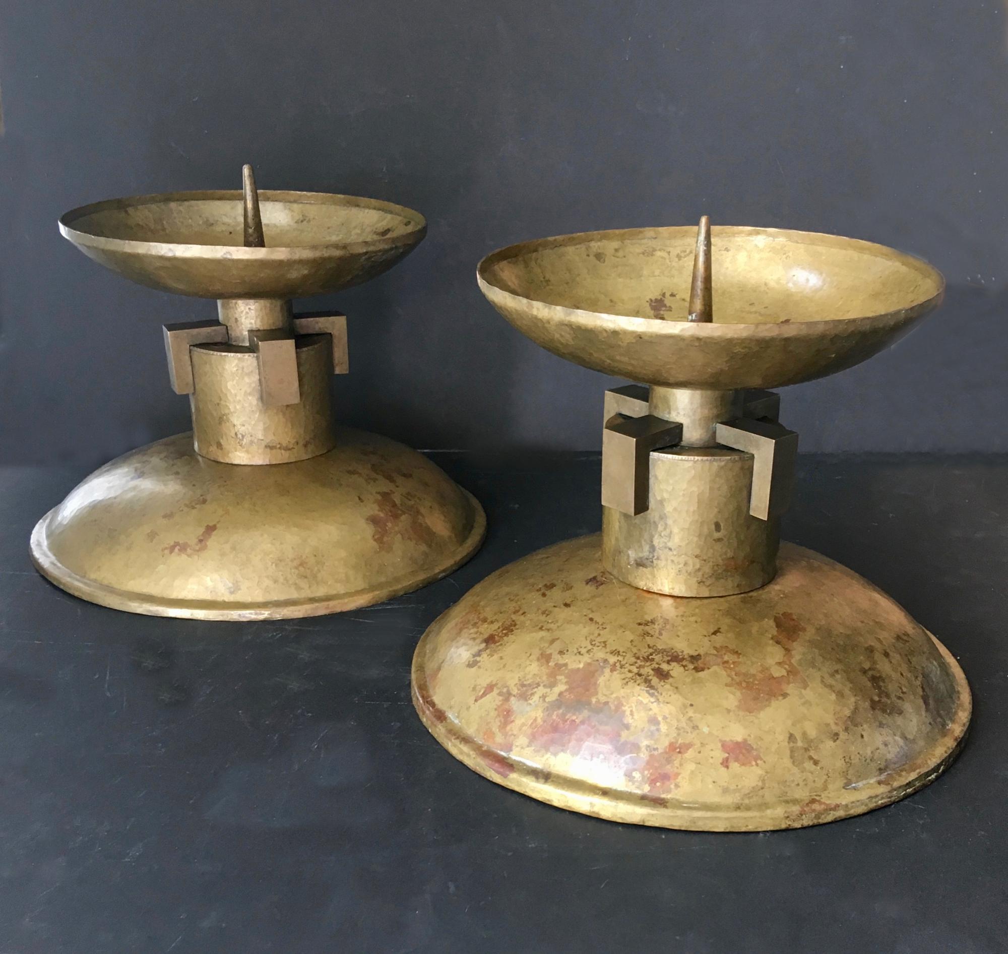 German Pair of Large Art Deco Candleholders of Hammered and Milled Brass, European