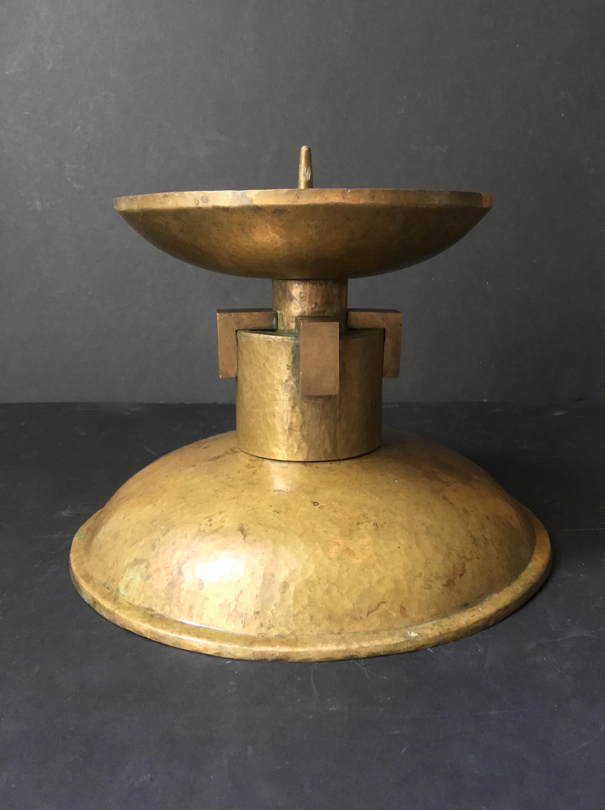 Pair of Large Art Deco Candleholders of Hammered and Milled Brass, European In Good Condition In London, GB