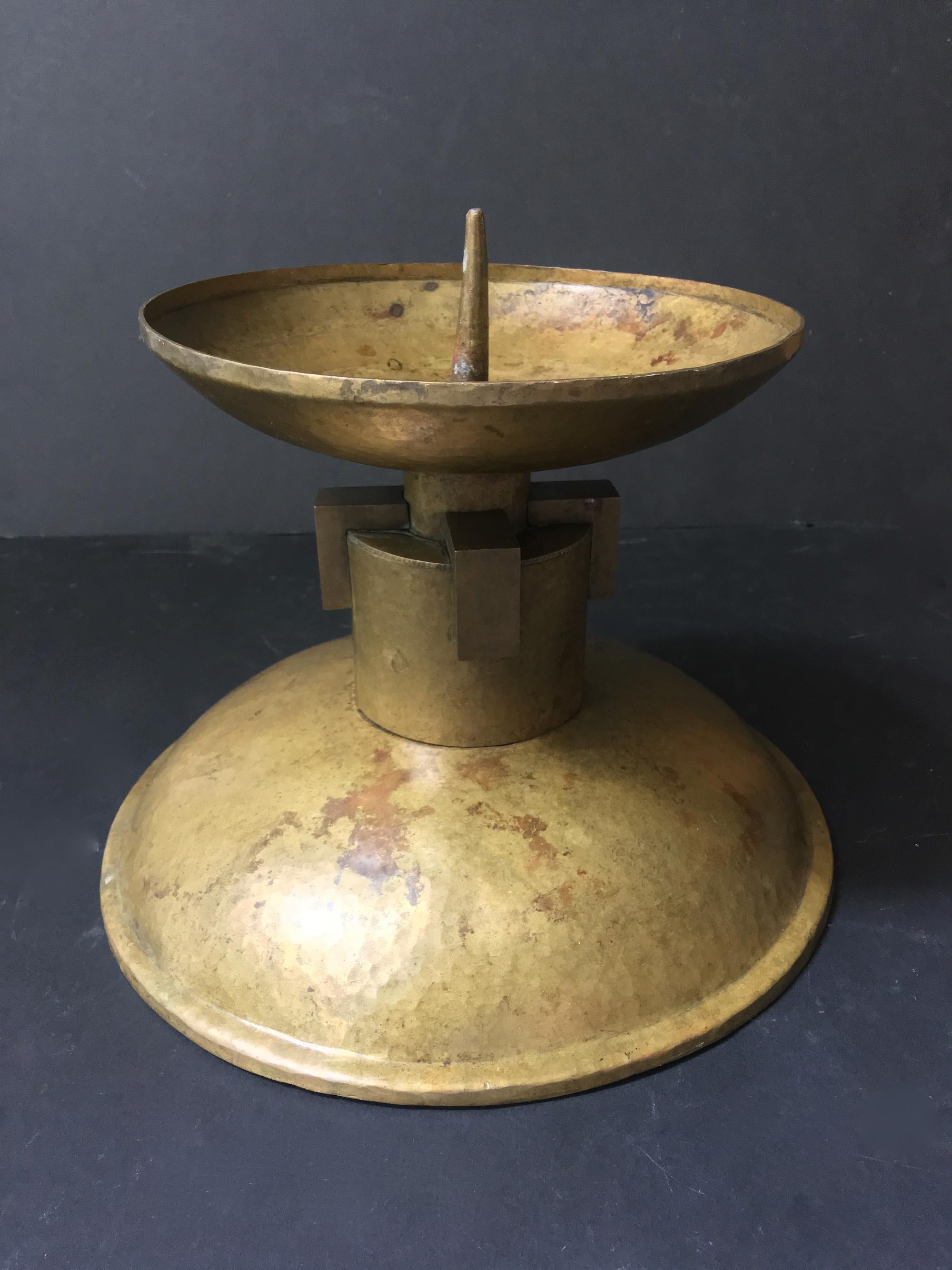 Pair of Large Art Deco Candleholders of Hammered and Milled Brass, European 1