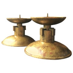 Pair of Large Art Deco Candleholders of Hammered and Milled Brass, European