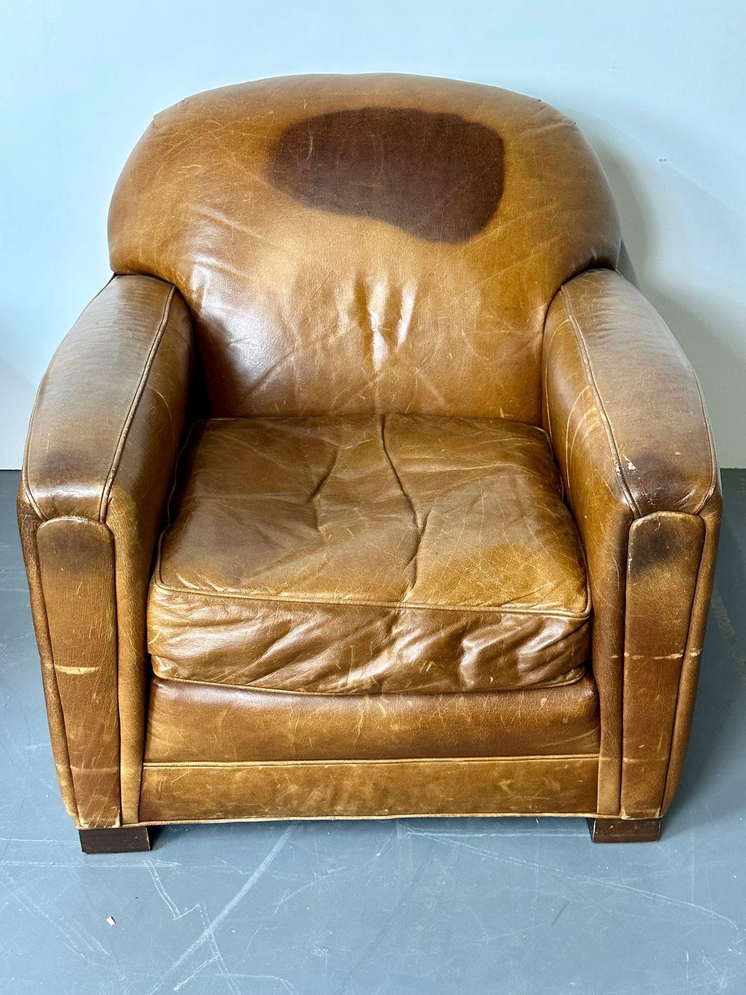 Paire de grands fauteuils club / fauteuils de salon français Art déco en cuir vieilli en vente 4