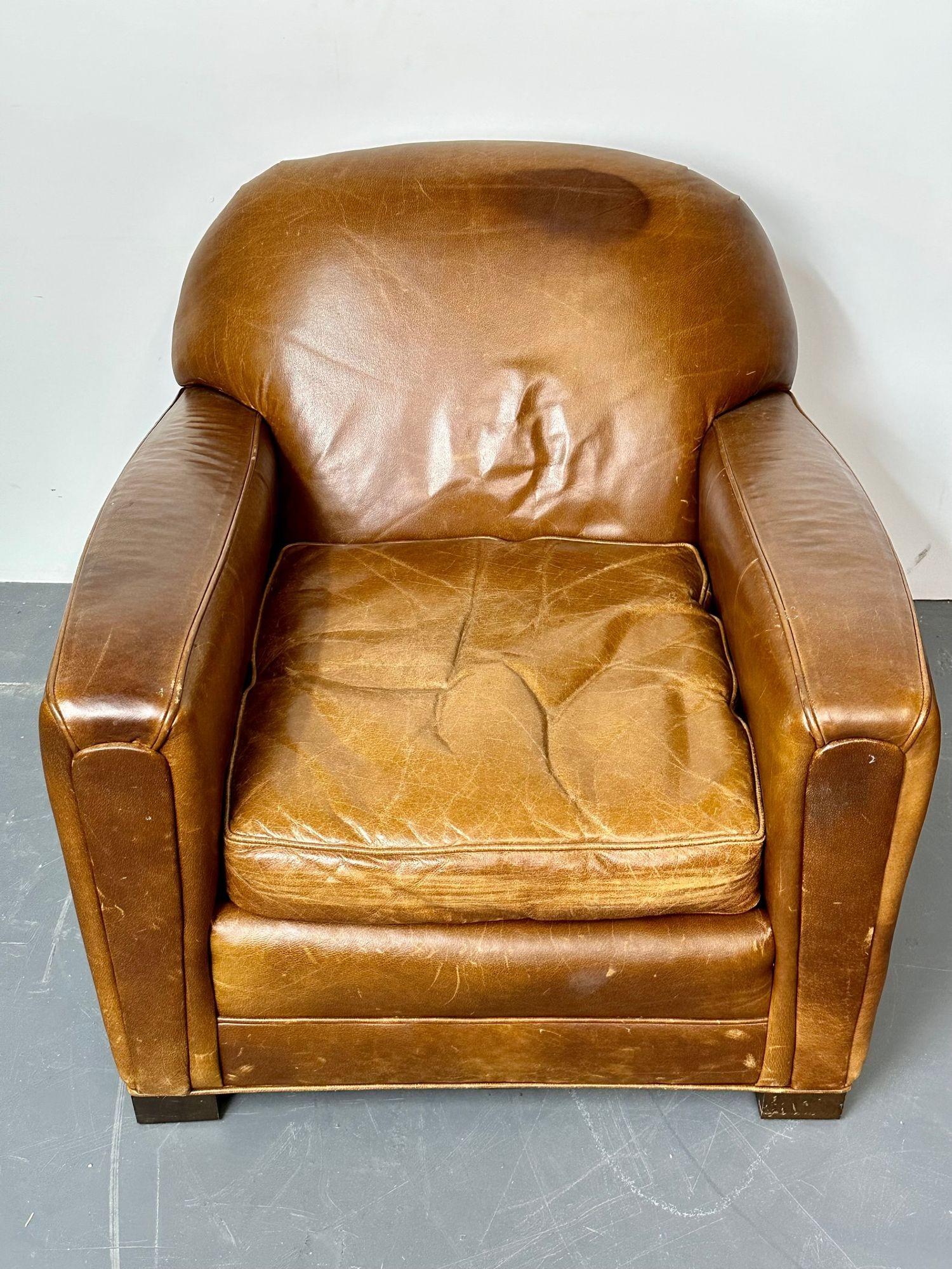 Paire de grands fauteuils club / fauteuils de salon français Art déco en cuir vieilli en vente 6