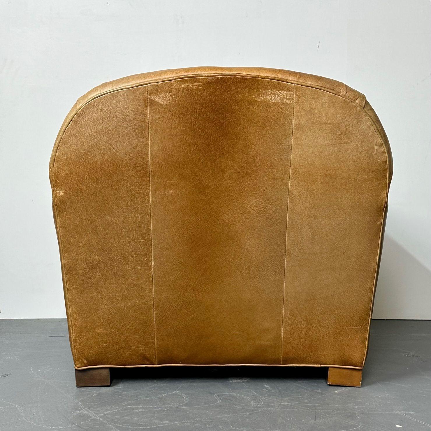 Paire de grands fauteuils club / fauteuils de salon français Art déco en cuir vieilli en vente 8