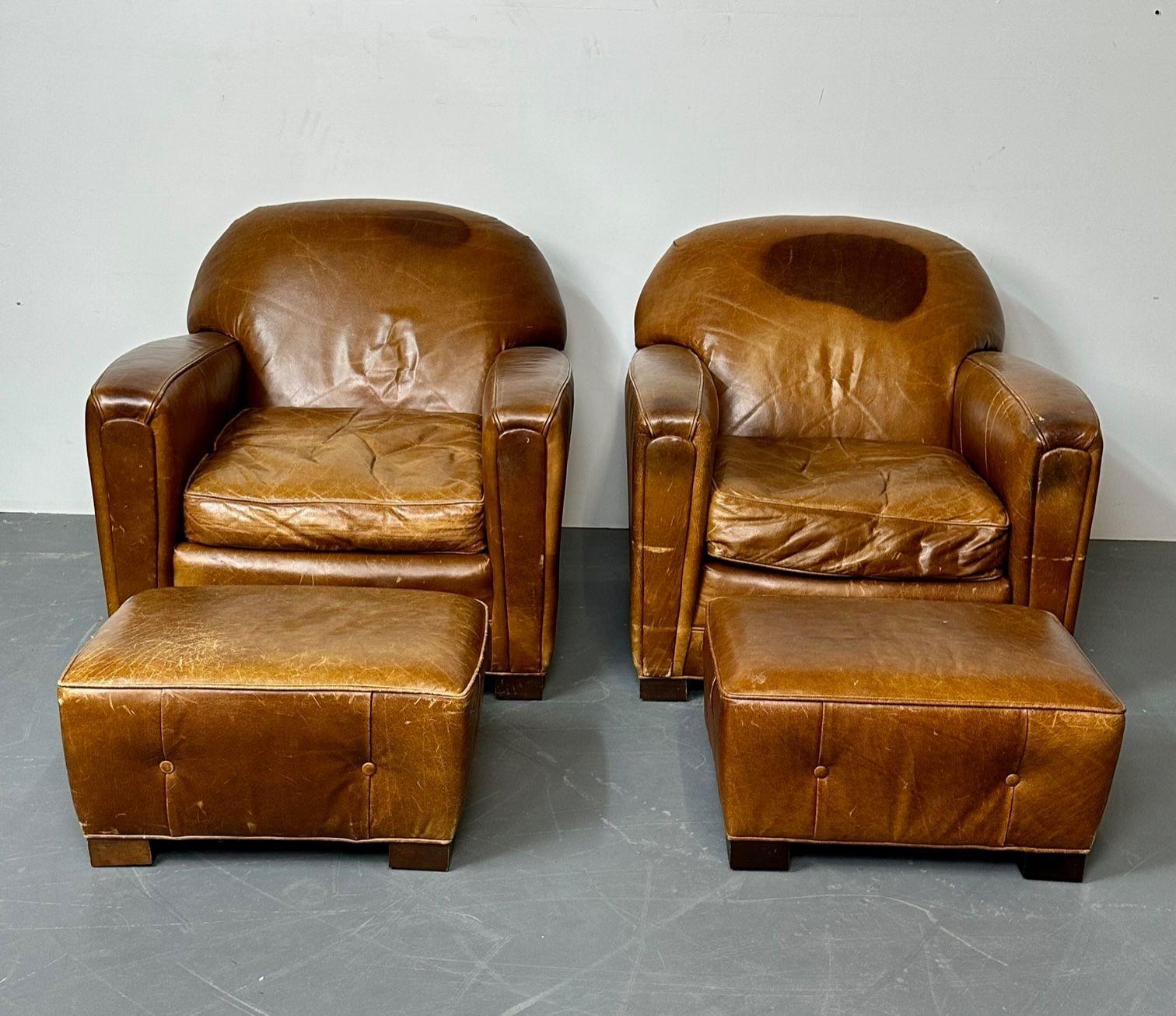 Paire de grands fauteuils club / fauteuils de salon français Art déco en cuir vieilli en vente 10