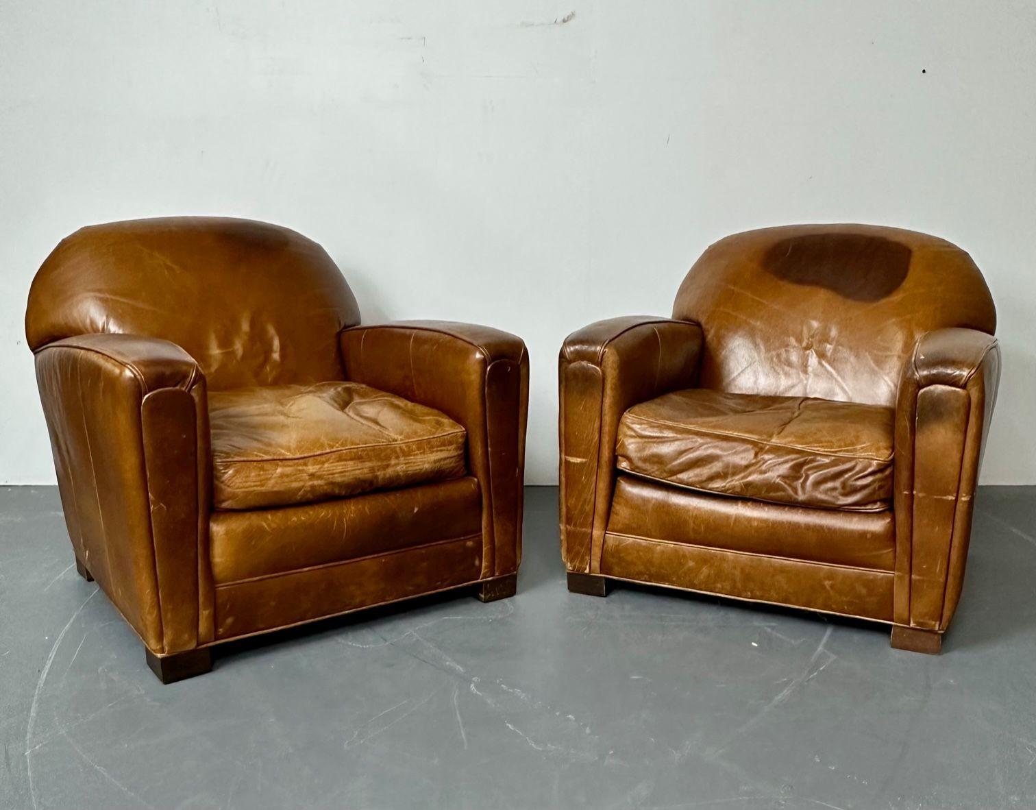 Paire de grands fauteuils club / fauteuils de salon français Art déco en cuir vieilli en vente 11