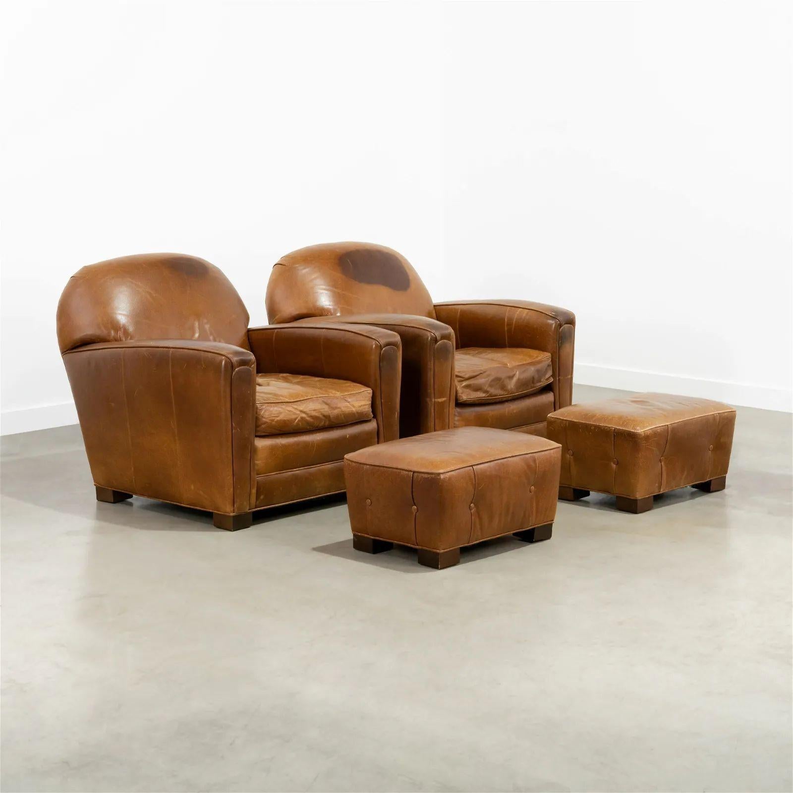 Paire de grands fauteuils club / fauteuils de salon français Art déco en cuir vieilli en vente 12