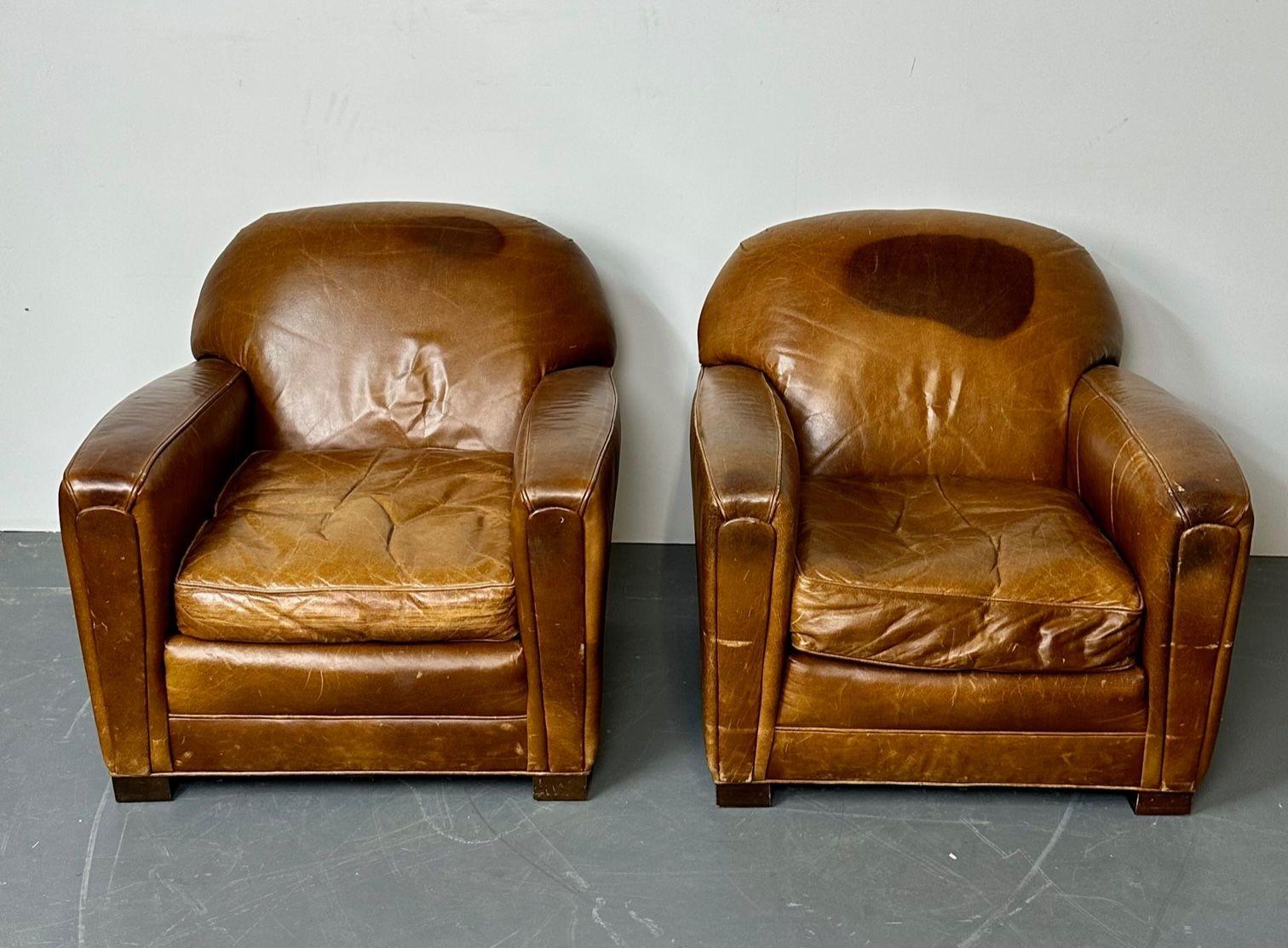 Pair of Large Art Deco Distressed Leather French Club / Lounge Chairs For Sale 1