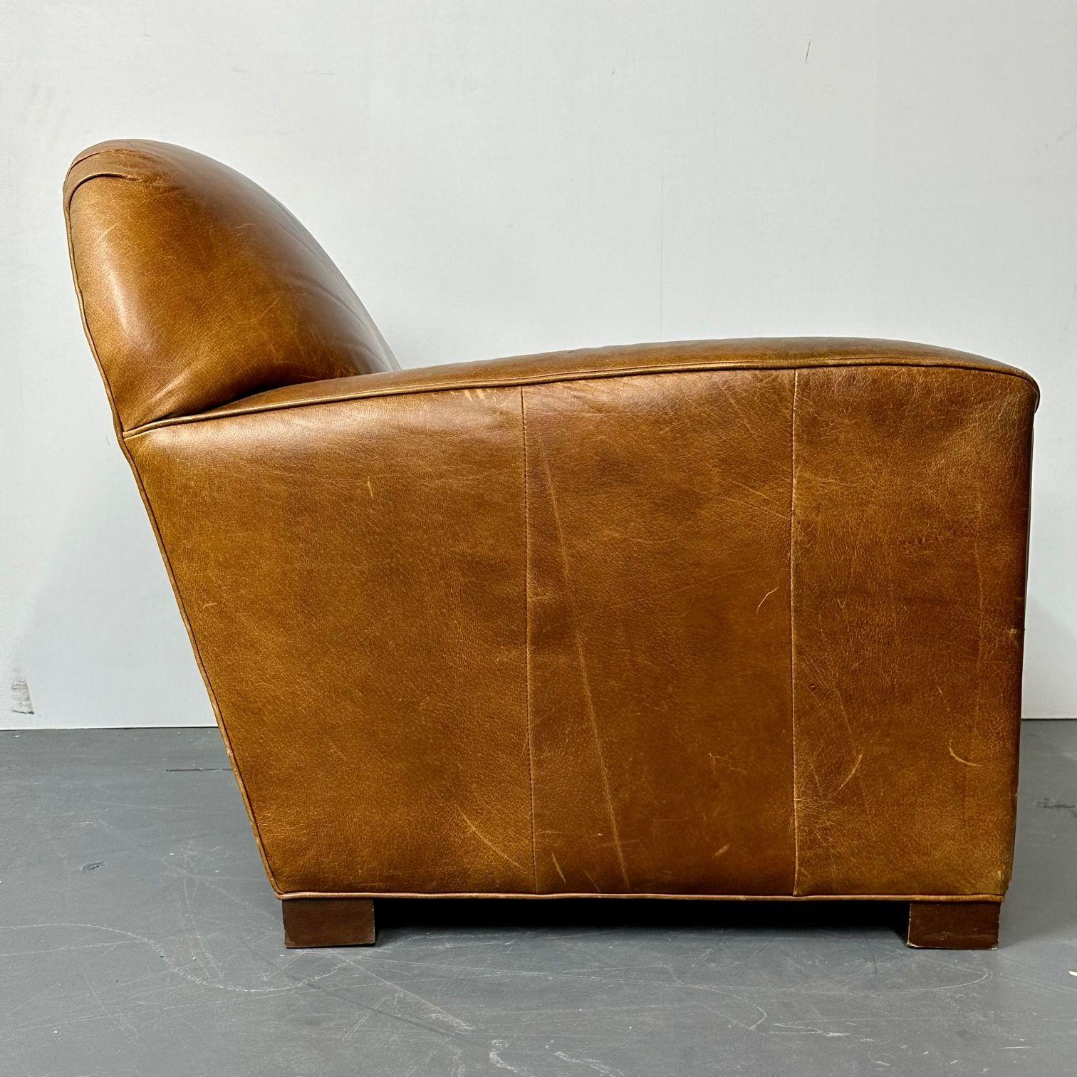 Paire de grands fauteuils club / fauteuils de salon français Art déco en cuir vieilli en vente 2