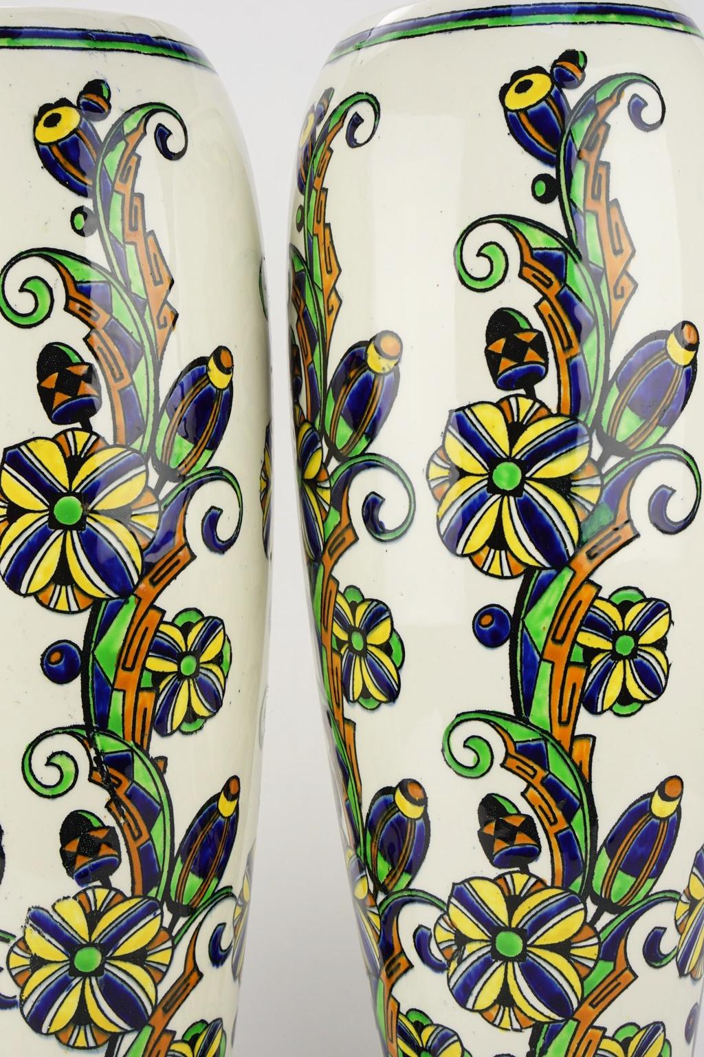 Pair of Large Art Deco Keramis Boch Floral Vases For Sale 4