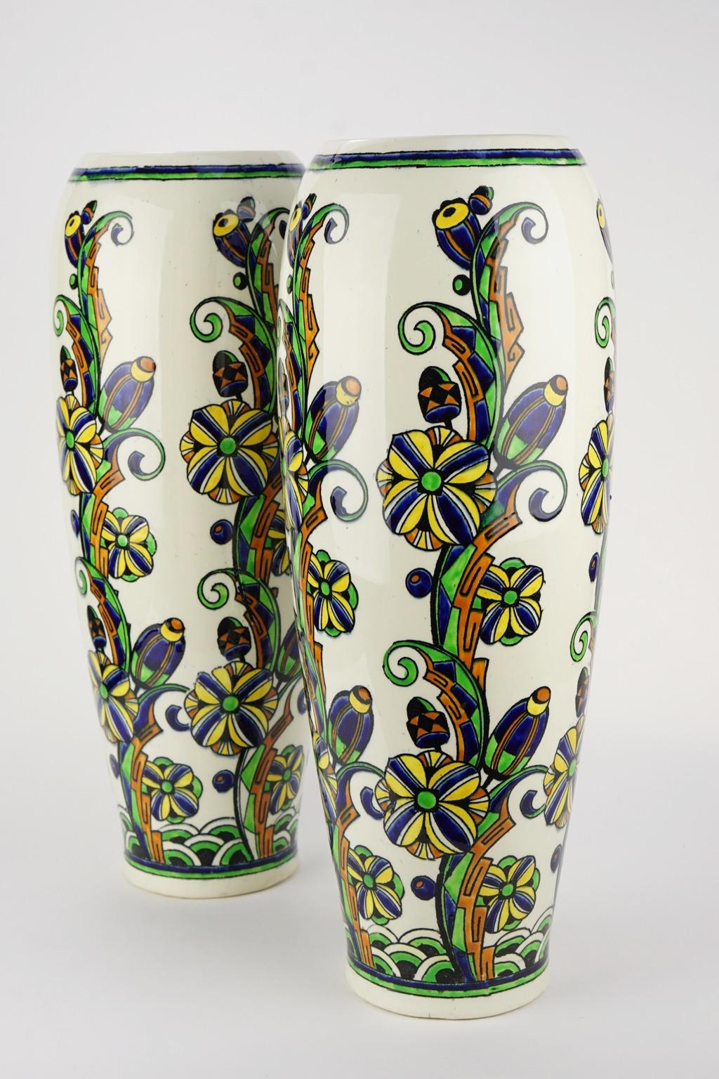 Pair of Large Art Deco Keramis Boch Floral Vases For Sale 5