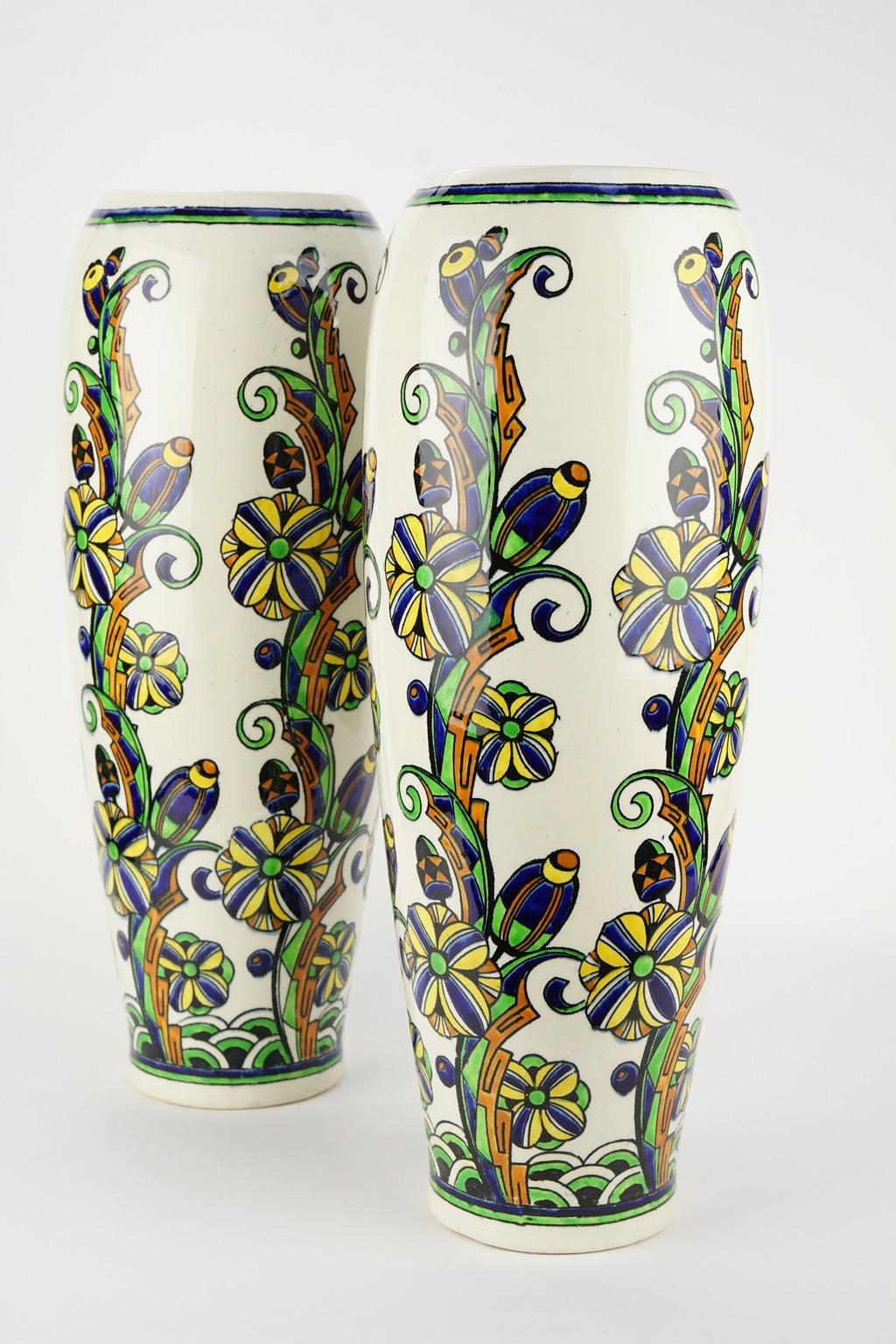 Pair of Large Art Deco Keramis Boch Floral Vases For Sale 6