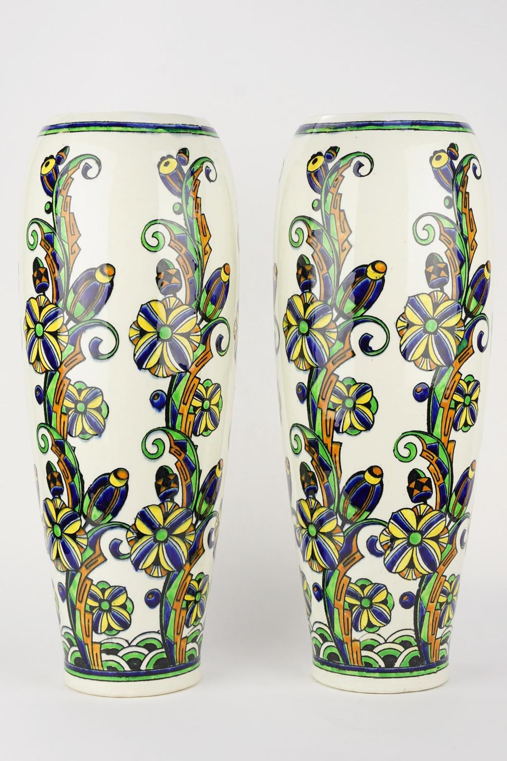 Pair of Large Art Deco Keramis Boch Floral Vases For Sale 7