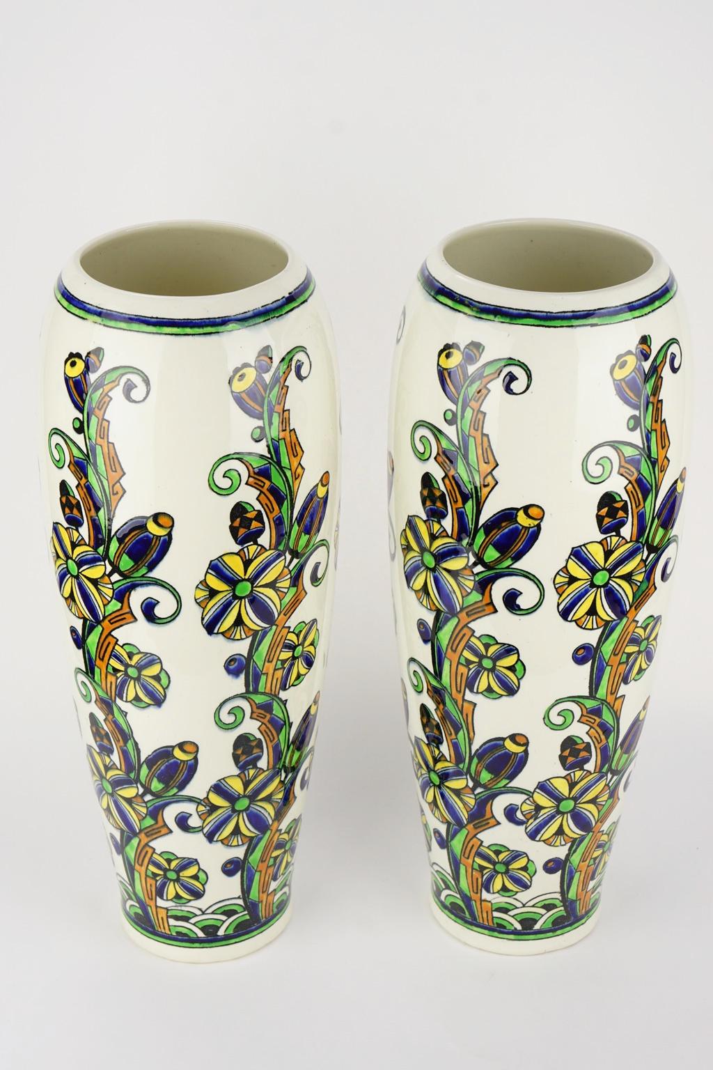 Pair of Large Art Deco Keramis Boch Floral Vases For Sale 8