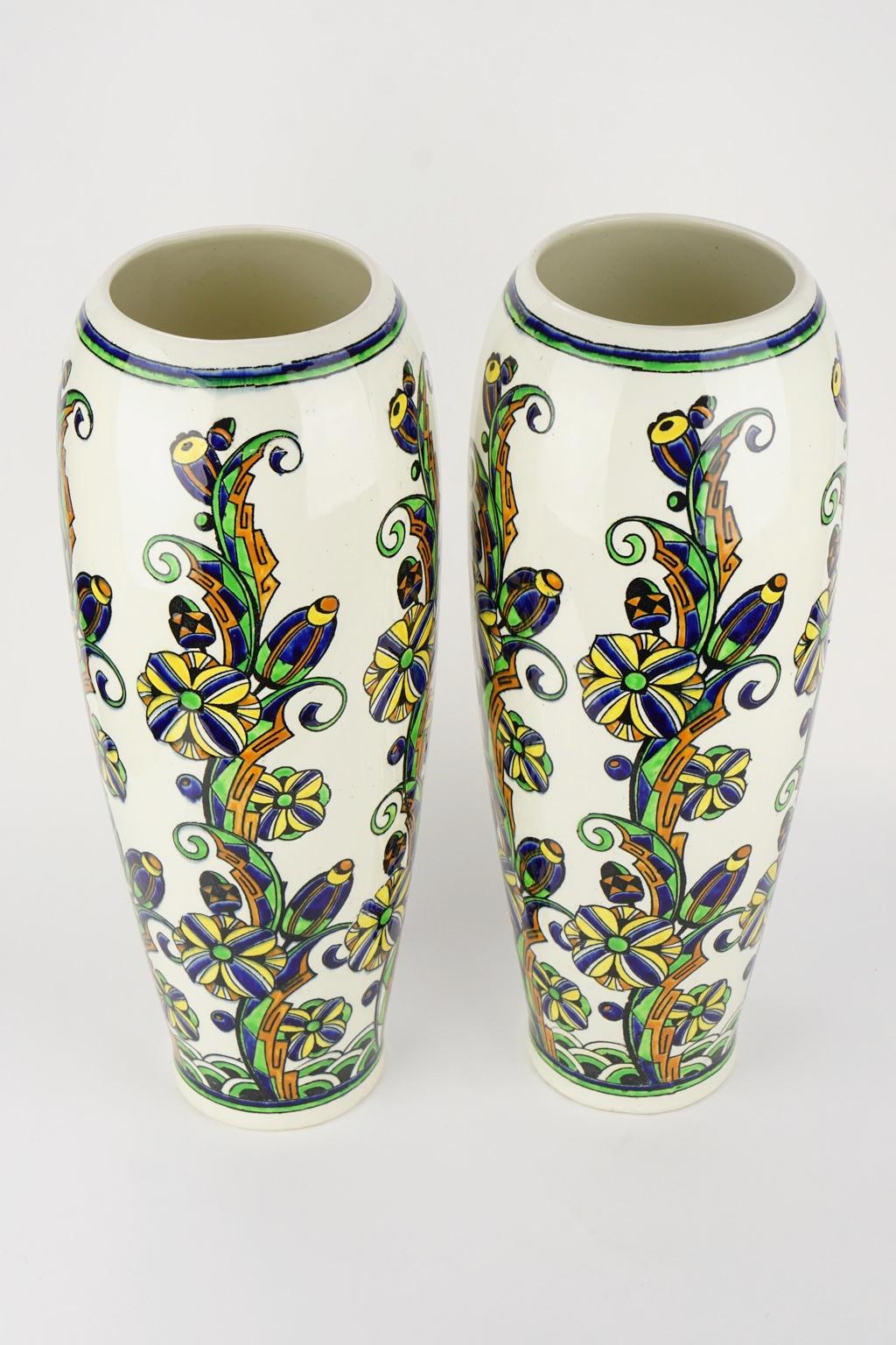 Pair of Large Art Deco Keramis Boch Floral Vases For Sale 9