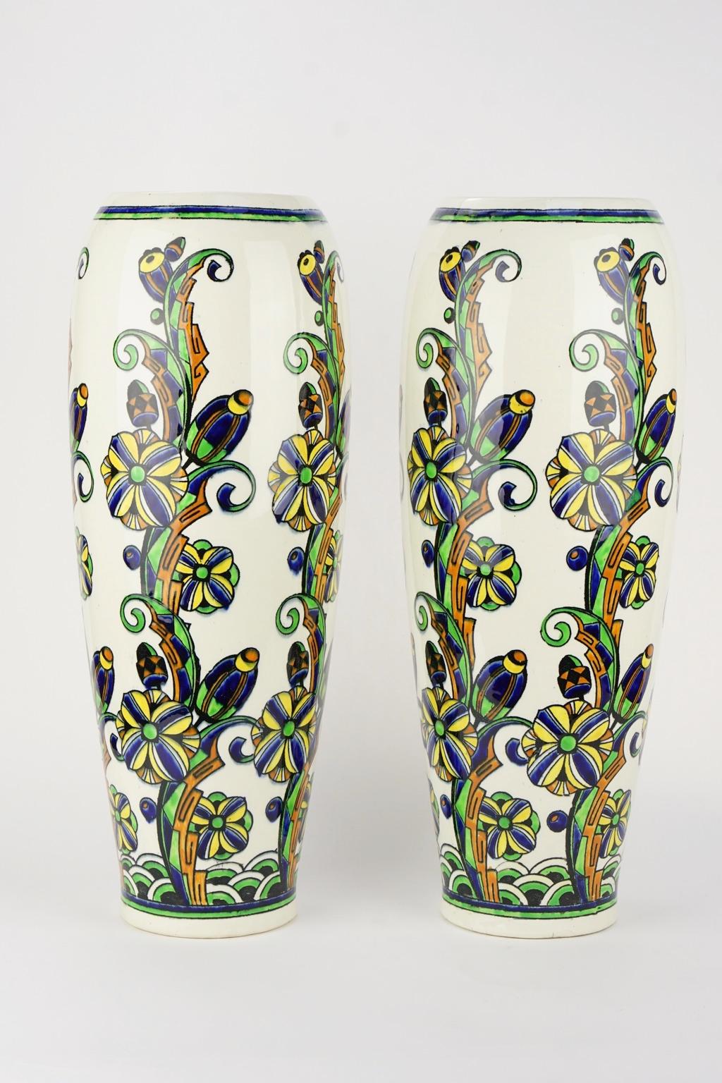 Pair of Large Art Deco Keramis Boch Floral Vases For Sale 11