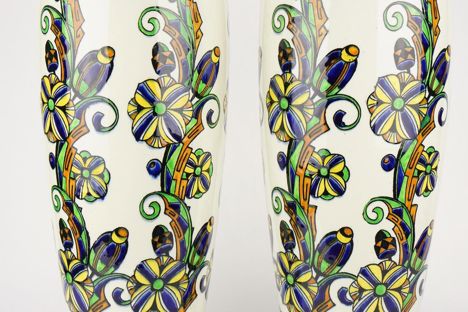 Pair of Large Art Deco Keramis Boch Floral Vases For Sale 12