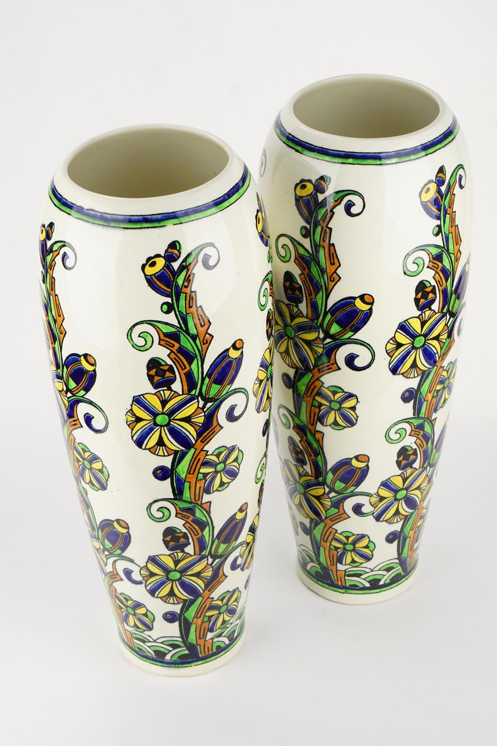 Belgian Pair of Large Art Deco Keramis Boch Floral Vases For Sale