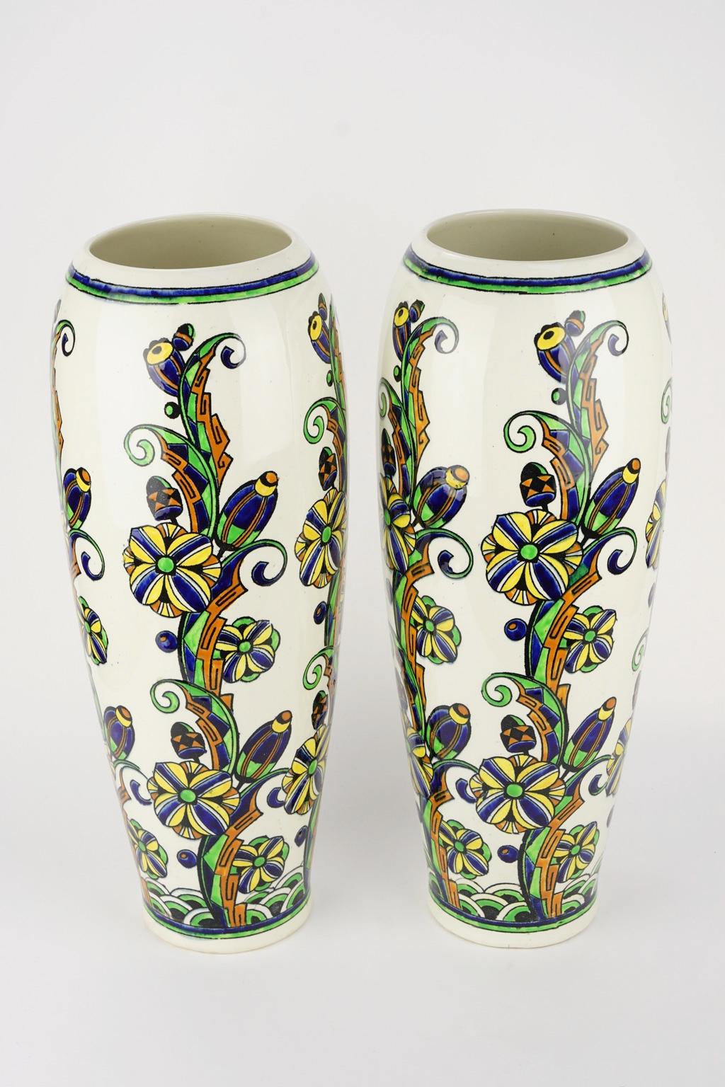 Enameled Pair of Large Art Deco Keramis Boch Floral Vases For Sale