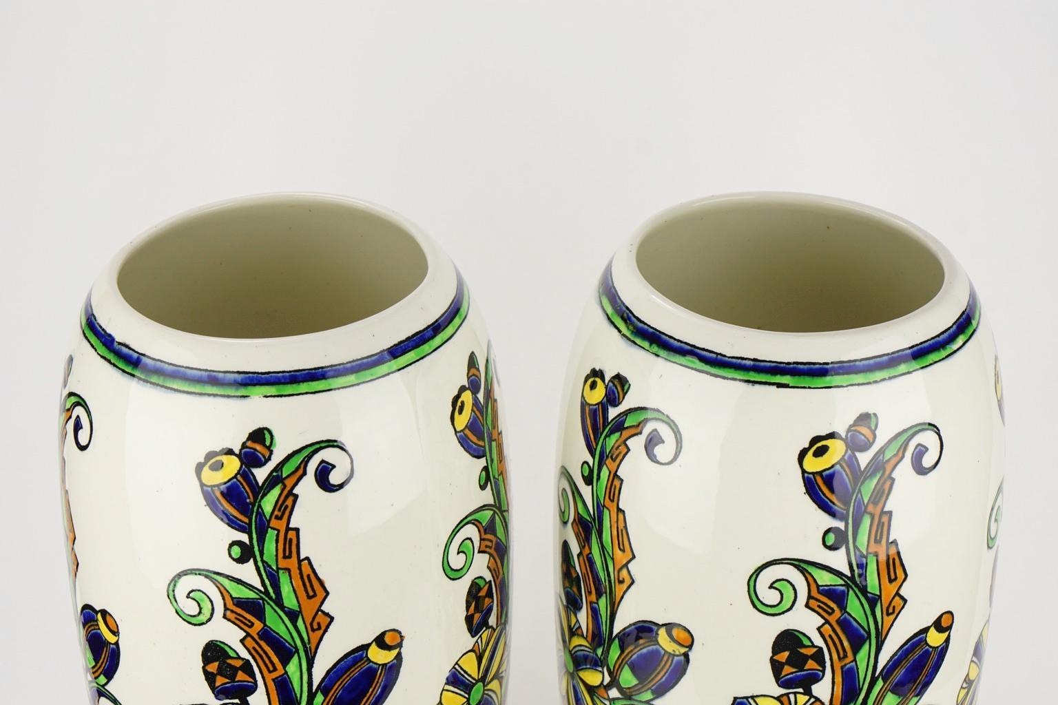 Early 20th Century Pair of Large Art Deco Keramis Boch Floral Vases For Sale