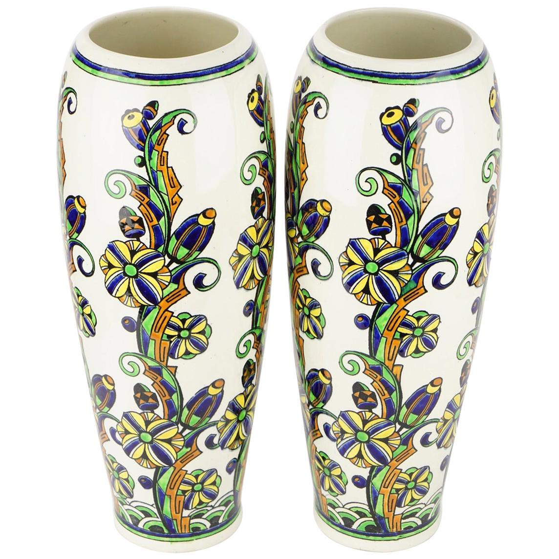 Pair of Large Art Deco Keramis Boch Floral Vases For Sale
