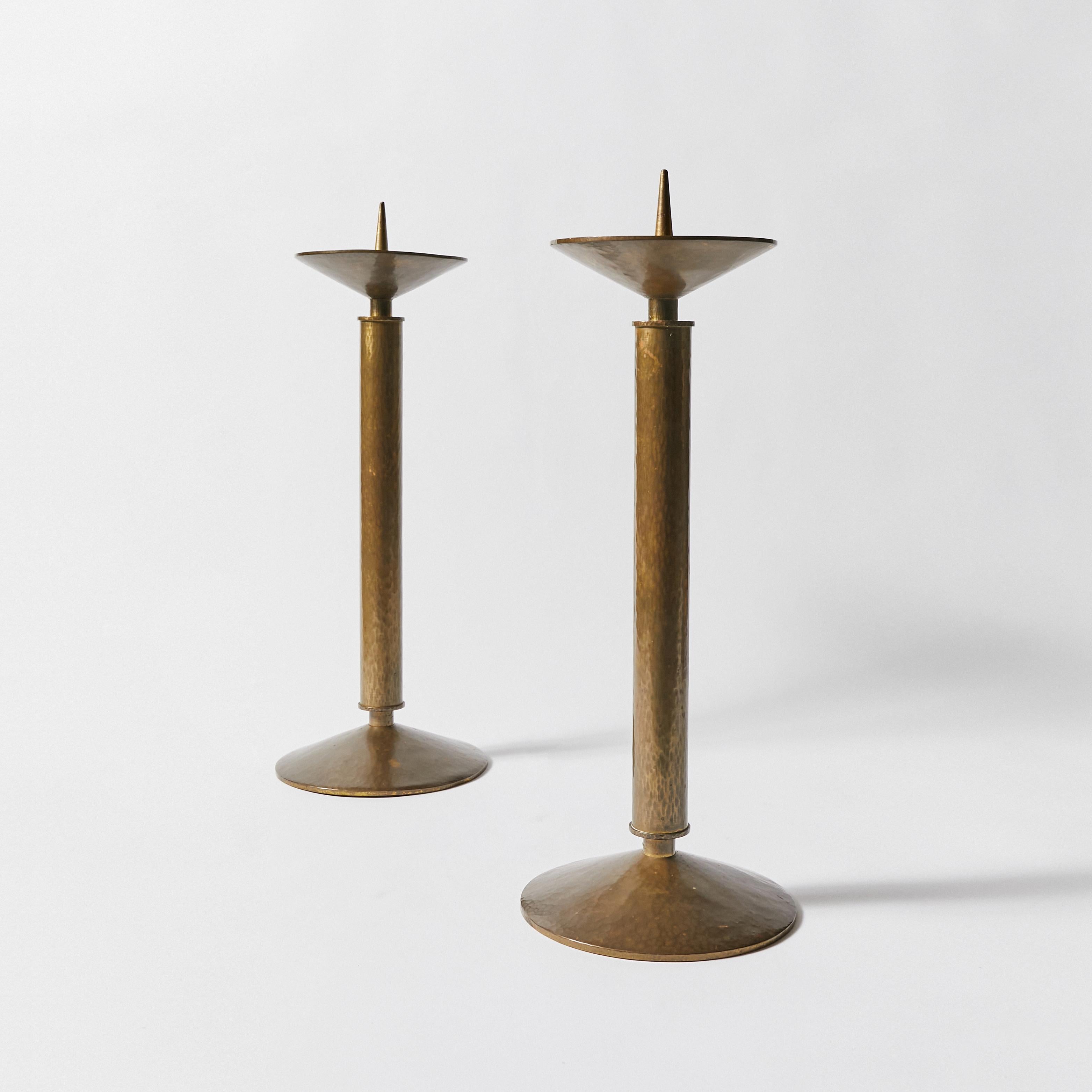 Set of two large Art Deco style candle holders. Made in bronze with beautiful original patina.