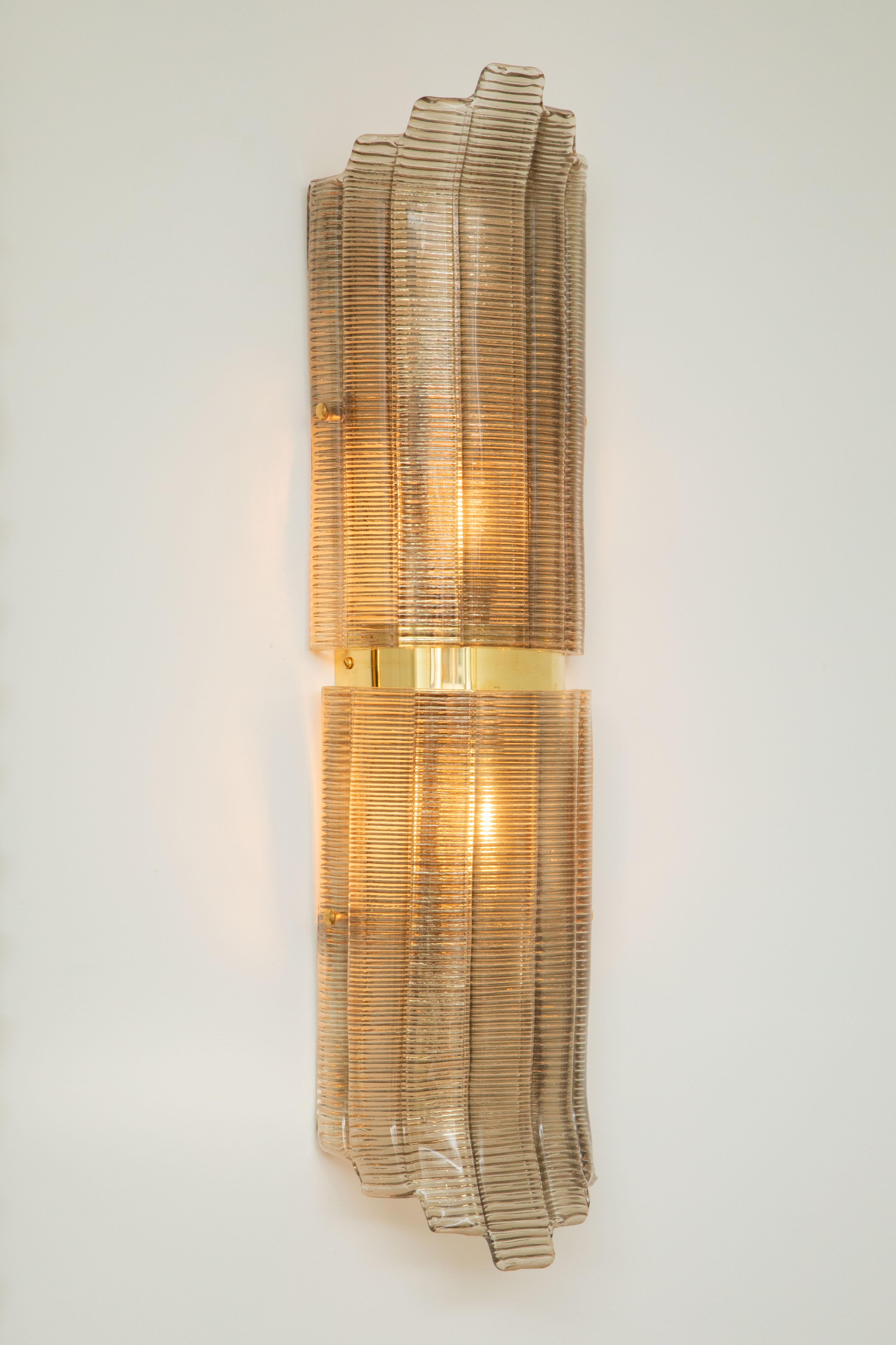 Pair of Large Art Deco Style Murano Glass and Brass Wall Lights, in Stock For Sale 9